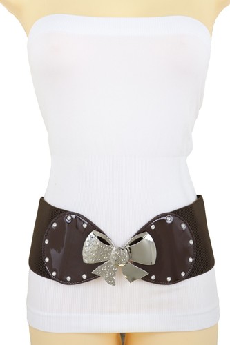 Women Dark Brown Color Wide Apparel Belt Silver Metal Bow Tie Ribbon Buckle S M - Picture 7 of 12