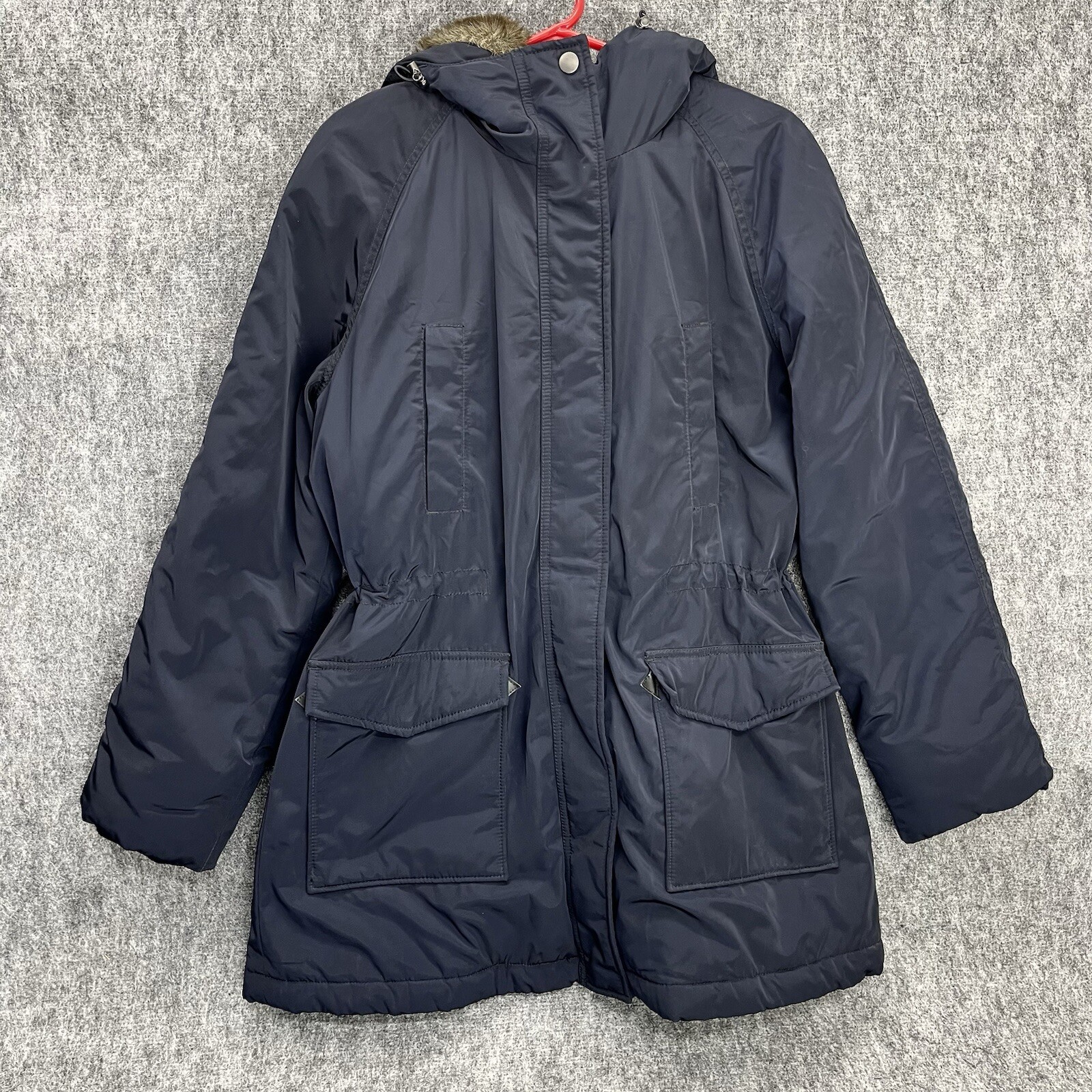 Tommy Hilfiger Womens Blue Rain Parka with Faux Fur Hood Size Large