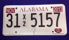 2013 ALABAMA AL NOV 31 X2 5157 TRUCK EXEMPT COMMODITY TAX LICENSE PLATE TAG