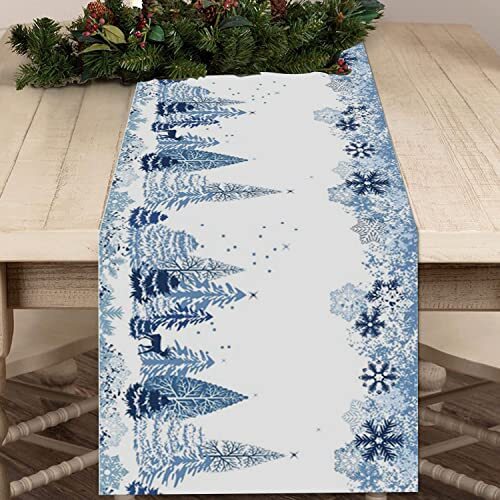 Christmas Table Runner 108 Inch Blue Snowflake Winter 13" x 108", Table