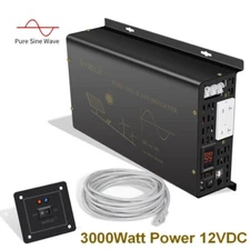 Power Inverter 3000W Pure Sine Wave 12V DC to 120V AC Remote Switch Car Truck