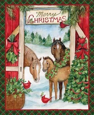 Christmas Fabric Panel Three Horses Old Red Barn, 36 x 45, Quilting Crafting Sew