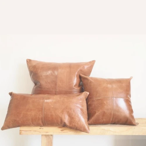 Paneled Real Leather Handmade Long Lumbar Pillow Case Cushion Cover 13X23