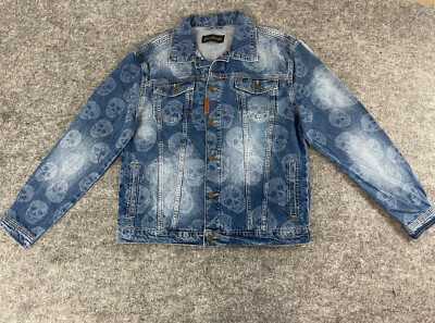 Gianni Kavanagh Denim Jacket Mens Medium Skull Print All Over  Jean Blue N314