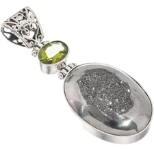 925 Silver Peridot Mist Titanium Agate Drusy Druzy Sterling Pendant, 1 3/4"