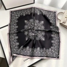 100% Mulberry Silk 20'' Small Scarf Vintage Women Neckerchief Wrap Blakc White