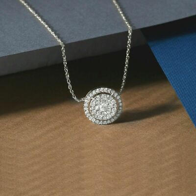 1Ct Round Cut Diamond Cluster Halo Pendant 18''  Free Chain 14K White Gold Finish