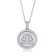 Sterling Silver Micro Pave 'Libra' Zodiac Disc Pendant W/ Chain