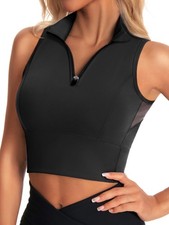 Zip Front Cropped Workout Tank Tops with Built in Sports Bra Black S