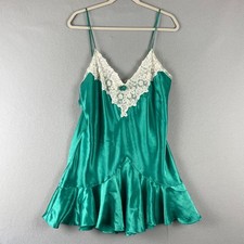 Vintage Victorias Secret Nightie Womens Large Green Satin Lace Gold Label Fairy