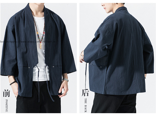 Men's Kimono Jacket Cardigan Lightweight Casual Linen Outerwear Open Front Coats - Picture 15 of 28
