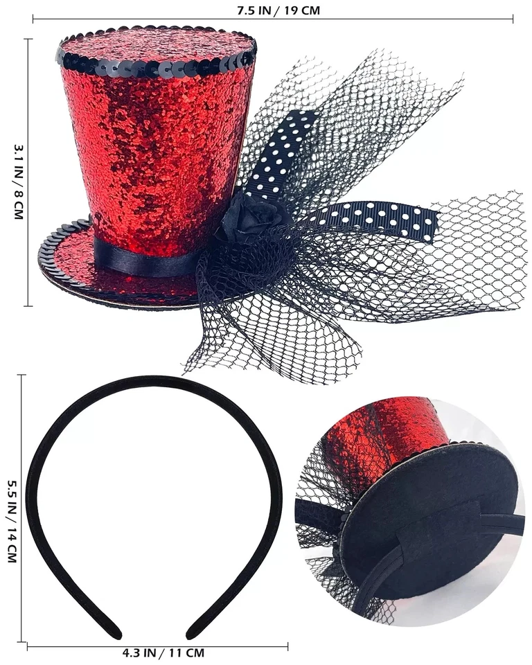 Mini sombrero de copa en diadema lentejuelas rojas con velo Foto 2 de 4