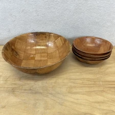 Woven Wood 10" Salad Serving Bowl with 5 Individual 6" Bowls Mid Century