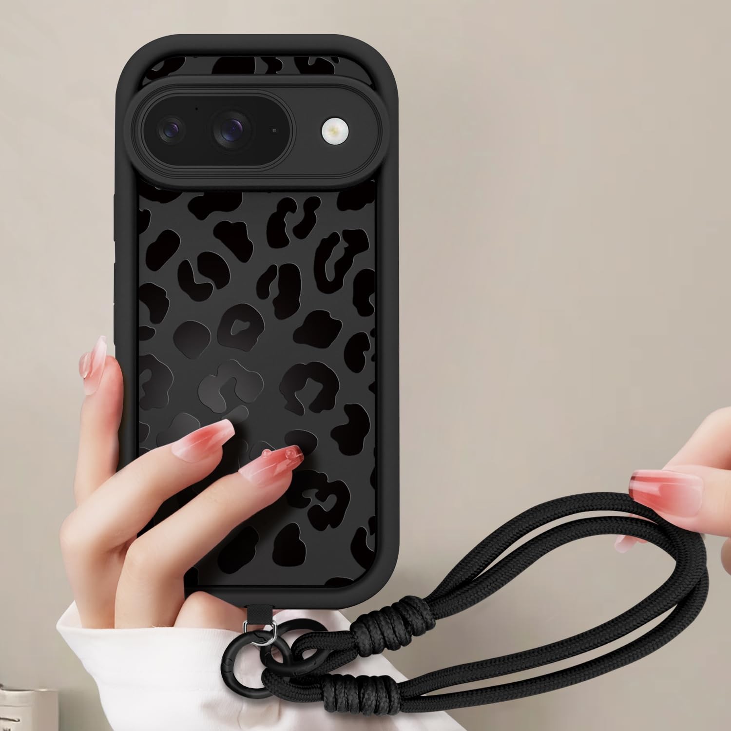 Coque Pixel 9 avec cordon amovible antichoc et lanière réglable à motif léopard