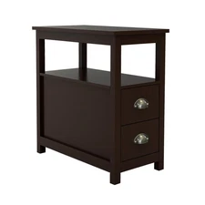 End Table Narrow Nightstand with Two Drawers and Open Shelf Brown