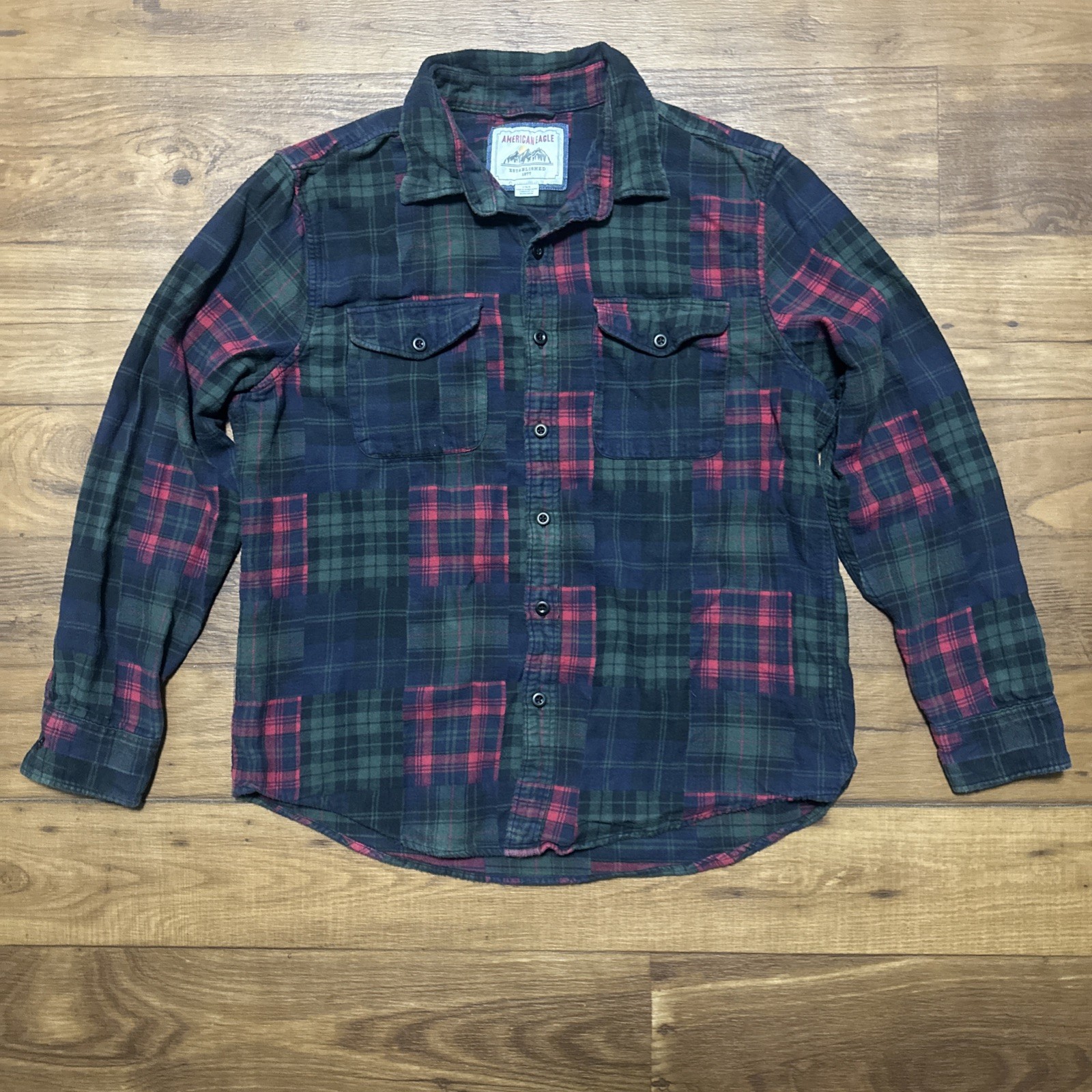 American Eagle Mens Mix Patchwork Button Up Plaid… - image 1