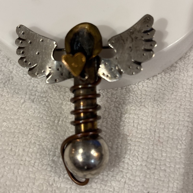 Thomas Mann Handmade Sterling Brass Techno Romantic Bud Vase Brooch Pin Heart