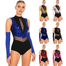 Women Latin Dance Costume Sparkling Sequin Bodysuit Sleeveless Leotard Gloves