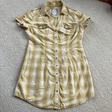 CUTE! Y2K Guess Jeans Cotton Yellow Plaid Mini Dress Snap Front Studded Size L