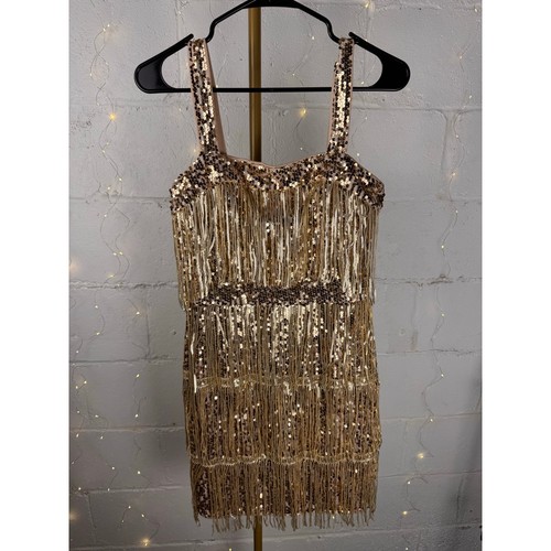 SHEIN Gold Sequin Fringe Mini Dress Women’s M Flapper Gatsby Party Cocktail