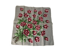 Vintage Handkerchief - Grey with a bouquet of roses - Fine Cloth Rolled Edge 14  