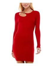 NO COMMENT Womens Sweater Dress Mini Red Long Sleeve Chain-Juniors M
