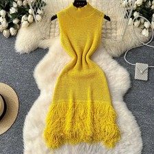 LATEST DESIGN Yellow Tassel Knitting Mini Bodycon Evening Dress UK Size 8