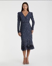Mac Duggal Ruffle Hem Sequin Floral Beaded Dress 6 Midnight Blue 10740 NWT $498