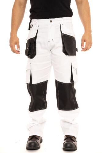 White Pants for Men Construction Painters Pant Utility Trousers Knee Pad Pockets - Picture 2 of 19