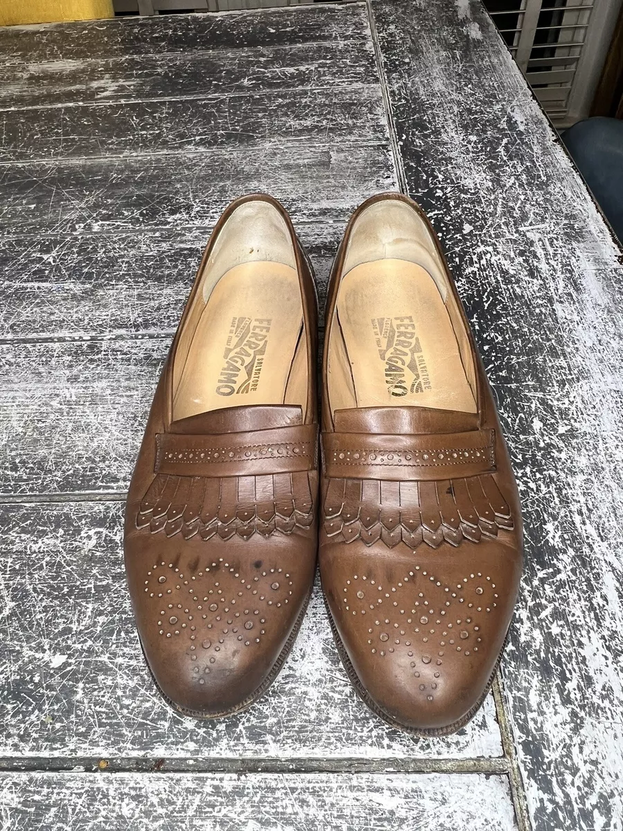 Vintage Ferragamo Kiltie Brogue Loafers Size 9 D Walnut Leather Made In Italy