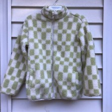 Cat Jack Fleece Jacket Girls XL 14-16 White Green Checkered Warm Cozy