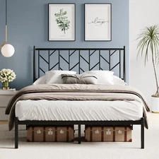 Full Size Metal Platform Bed Frame with Headboard, 12” Under Bed Storage,Black