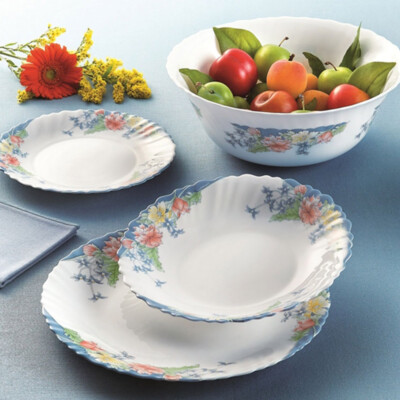 Geschirrset 6 Personen Tafelservice Blumenmuster Tellerset Schale Glas 26-teilig