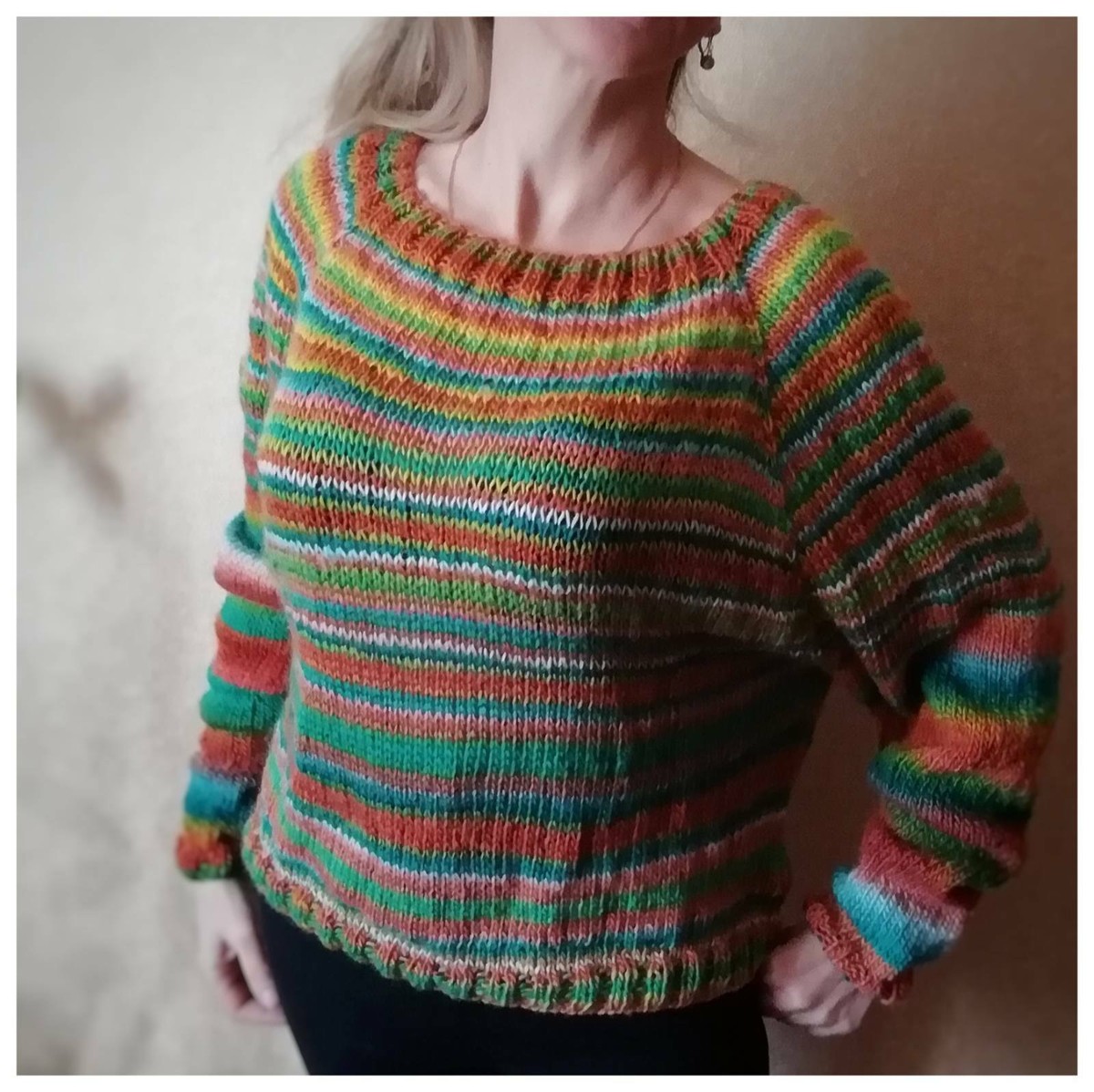 Women Knitted Sweater Striped Rainbow Wool Pullover Handmade