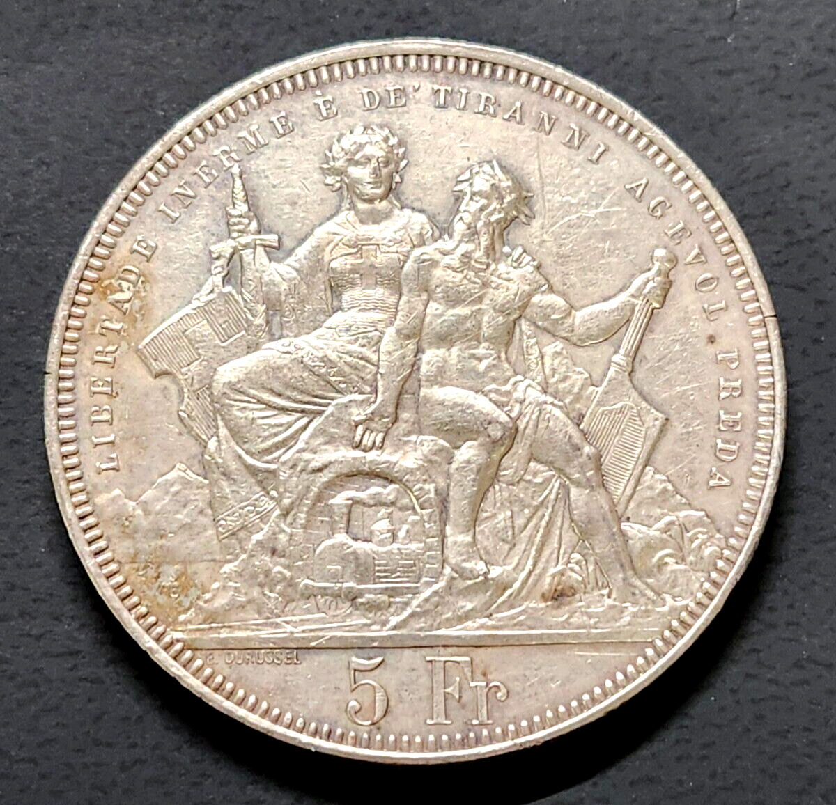 1883 Swiss 5 Francs - Lugano Shooting Coin - Doubled Die Reverse