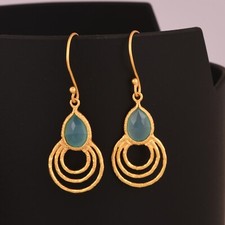 Aqua Chalcedony Pear Multi Round 925 Silver Gold Plated Dangle Earrings Jewelry