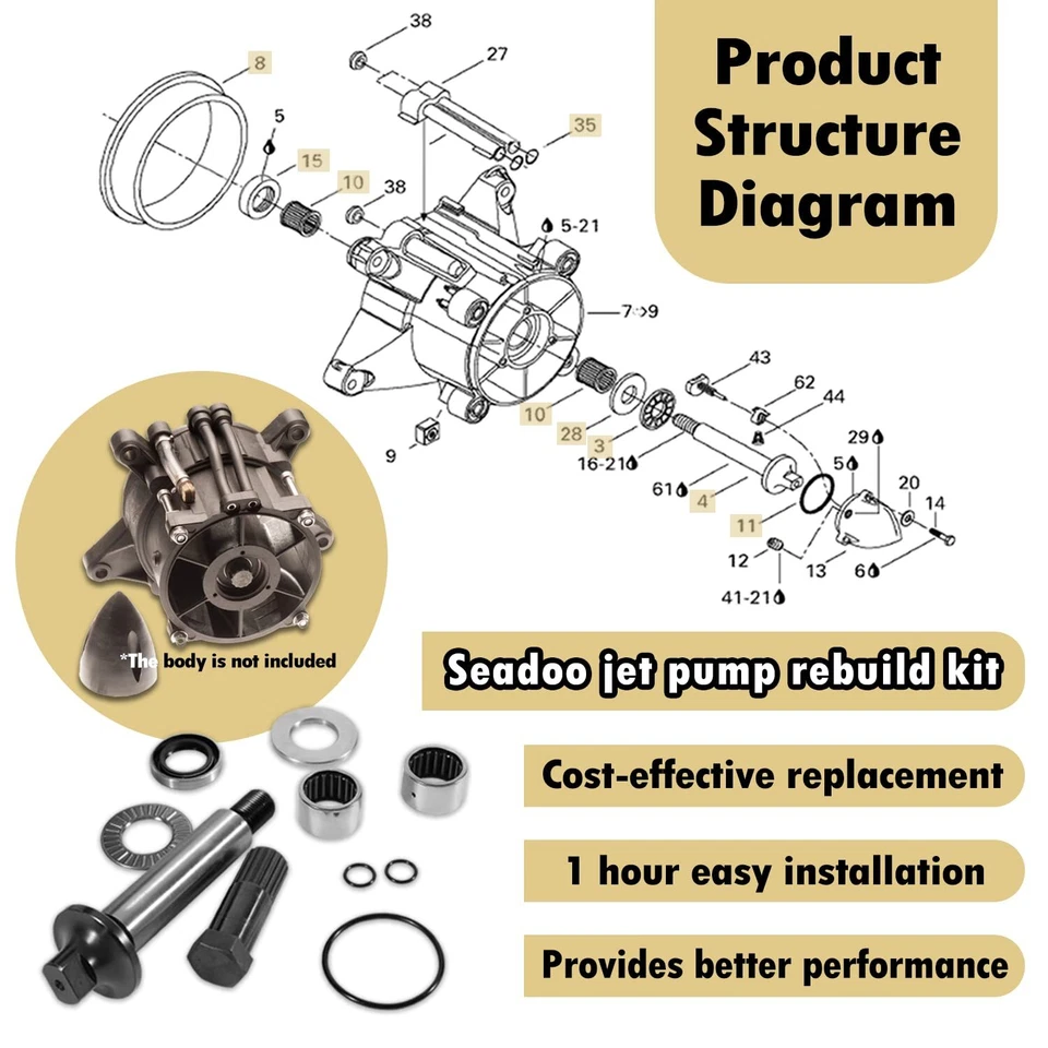 Kit de reconstrucción de bomba de chorro SeaDoo 1994-2002 anillo de desgaste impulsor eje sello herramienta de aceite Foto 2 de 4
