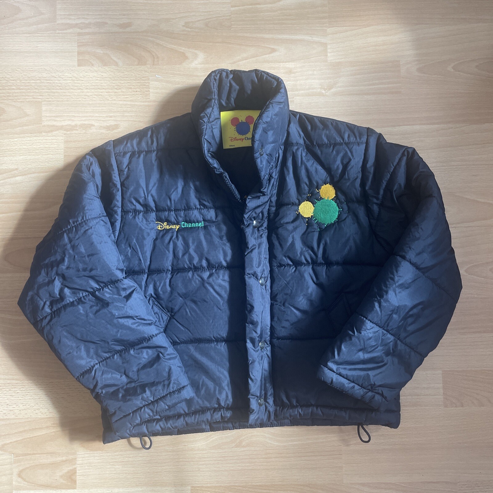 Disney Channel Puffer Jacket Mickey Mouse XS Rare Green Yellow Logo Vintage
