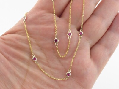 1 CT Lab Created Ruby July Birthstone Station Necklace in 14k Yellow Gold Plated