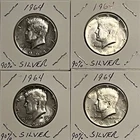 1964 Kennedy Half Dollars 90% Silver Lot of 4