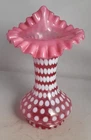FENTON CRANBERRY OPALESCENT GLASS WHITE POLKA DOT "Jack in the Pulpit" VASE GUC