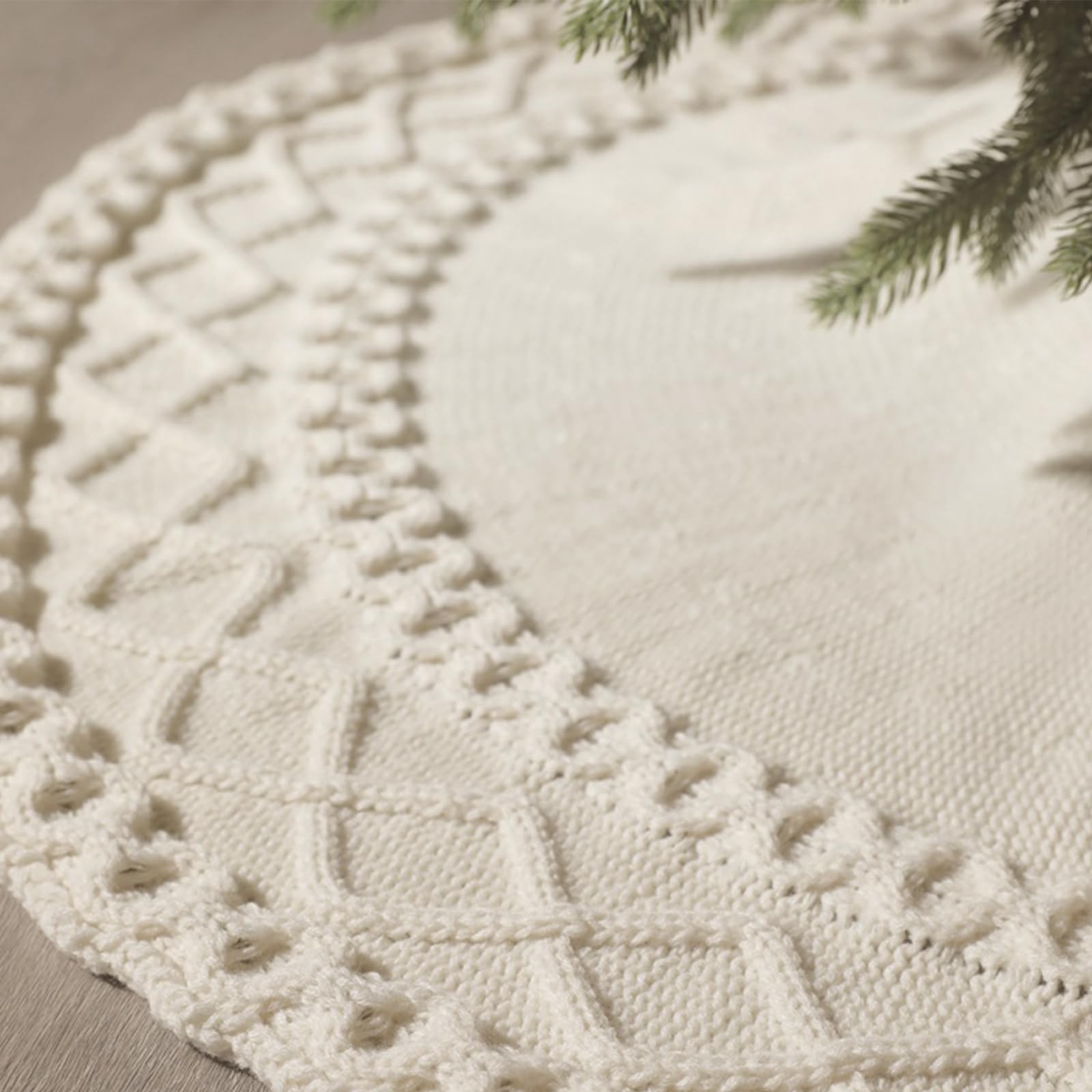 White Knit Tree Skirt, 48 Inch Cream Knit Christmas Tree Skirt Ivory Cable Kn...