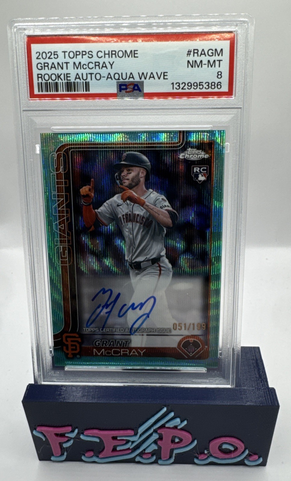2025 Topps Chrome Aqua Wave Giants Rookie Grant McCray Auto 51/199 PSA 8