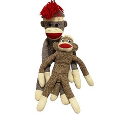 Vintage Style Sock Monkey Plush Set Schylling 20" Street Players 14" Brown Red