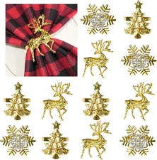 Christmas Napkin Rings Set of 12,Sparkly Gold Deer Snowflake Xmax Tree Napkin Ho