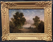 ROBERT WOODLEY BROWN fl 1840-1860 LANDSCAPE FIGURE FISHING Antique Oil Painting