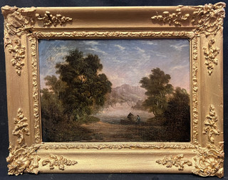 ROBERT WOODLEY BROWN fl 1840 1860 LANDSCAPE FIGURE FISHING Antique Oil Painting