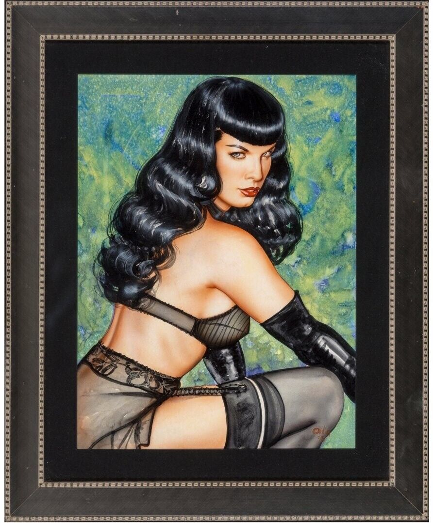 olivia-de-berardinis-original-painting-98-framed-bettie-betty-page-pinup-bondage-ebay