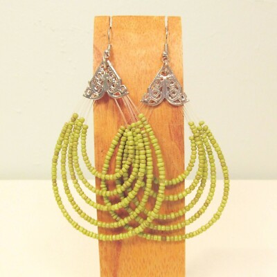 3'' VERY Large Green Teardrop Hoop Bohemian Bling Handmade Seed Bead Earring