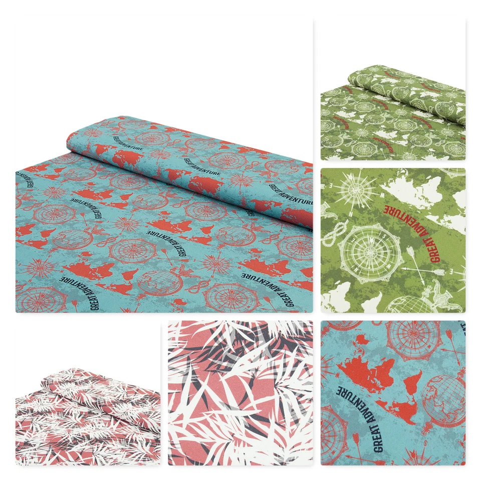 NADELTRAUM Baumwoll Stoff Canvas Kompass Blätter mint grün coral - Meterware ab 25 x 150 cm